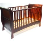 A Bailey mahogany sleigh cot bed, serial CHU01 10/12/2012, 100cm H, 156cm W, 76cm D.