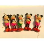 Five mid 20thC Mickey and Minnie Mouse celluloid Christmas tree ornaments, 7.5cm H.