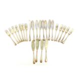 A set of twelve Victorian silver plated fish knives and forks, with beaded handles and engraved with