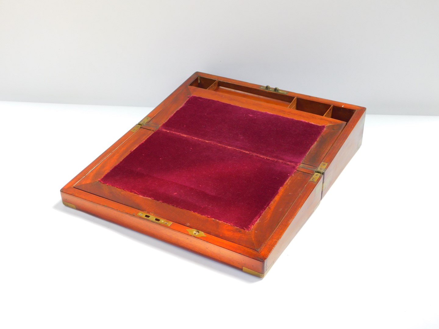 A Victorian mahogany and brass bound writing slope, opening to reveal a slope and fitted interior, - Image 2 of 2