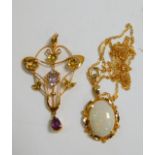 An Art Nouveau 9ct gold amethyst topaz and seed pearl floral pendant, together with a 9ct gold and