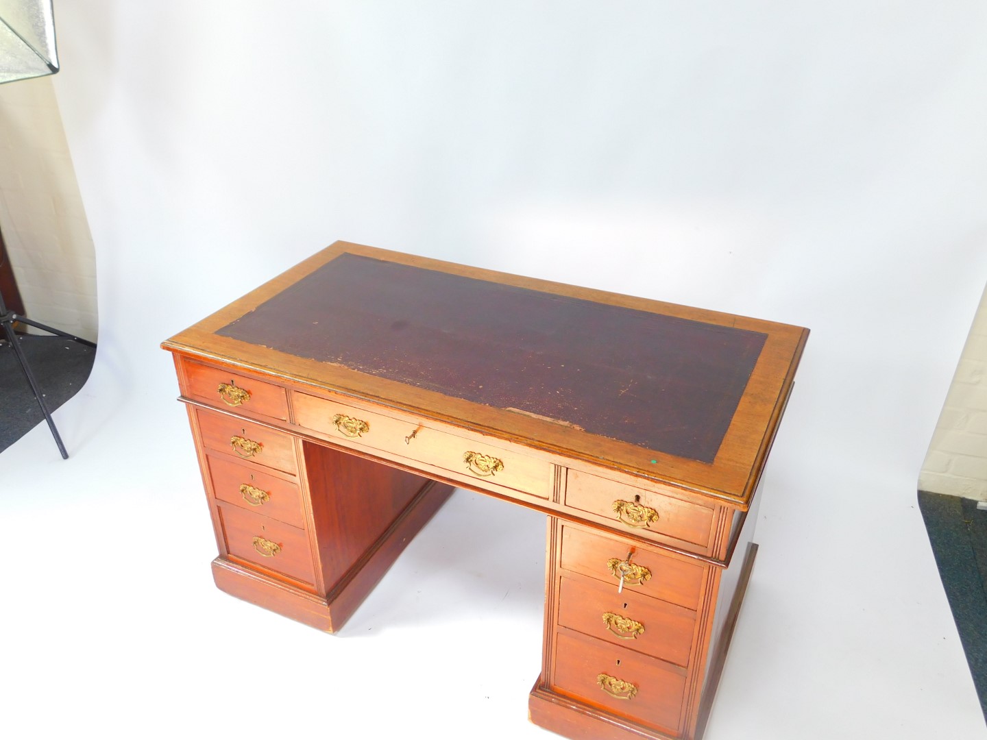 A Victorian mahogany twin pedestal desk, the rectangular top inset with tooled purple leather, - Image 2 of 3