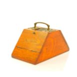 A Victorian oak cigarettes and cigars box, of trapezium form, with brass carrying handle, matches