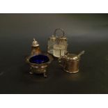 A Victorian cut glass and silver three piece condiment set, with holder, William Davenport,