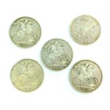 Five silver Queen Victoria crowns, young head 1845, 1890, 1893, 1897 and 1900