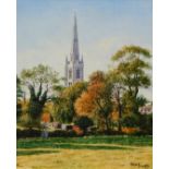 Malcolm Doughty (British, 20thC). St Wulframs, Grantham in autumn, oil on canvas, signed, dated