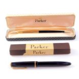 A black Parker fountain pen, with a 12ct rolled gold cap, with original case and instructions and