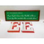 A pair of pottery E wall plaques, 34cm x 24.5cm, together with a framed tin sign, painted with 'No 1