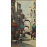 Italian School (20thC). Street scene with figures, oil on canvas, signed indistinctly, 43cm x 23cm.