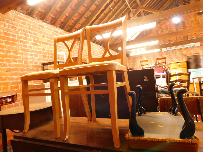 A pair of Czechoslovakian light beech single dining chairs, together with a foot stool upholstered