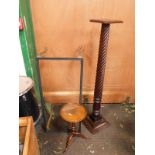 A mahogany torchere, together with a wine table and a brass coffee table (lacking glass). (3)