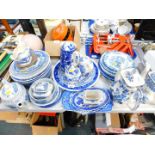 A group of transfer decorated blue and white pottery, mainly 20thC, including a Mason's Manchu