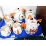 A group of Portland pottery hunting tea wares, moulded with foxes and riding crops and relief