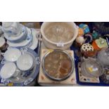 A Colclough porcelain part tea service, painted with blue flowers, chamber pot, Bristol blue glass