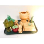 A Sylvac brown glazed pottery mushroom and elf jug, No 1969., butter dish and cover with terrier's