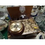 A presentation engraved cut glass decanter and two whiskey tumblers, on a wooden fitted tray,