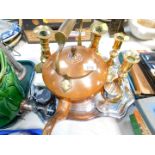 A silver plated tray, copper kettle, plated trophy on stand, four brass candlesticks etc.