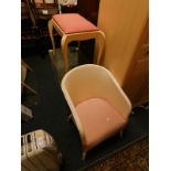 A cream painted wooden dressing table stool, raised on cabriole legs, together with a Lloyd loom