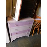 A lilac painted chest, of four long drawers, raised on bracket feet, 90cm H, 76cm W, 44cm D.