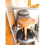 A black leather office chair, together with a Damascene circular topped occasional table, raised