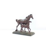 A bronzed plaster sculpture of a horse and foal, on a rectangular base, signed Rosa 1997, 23cm W.