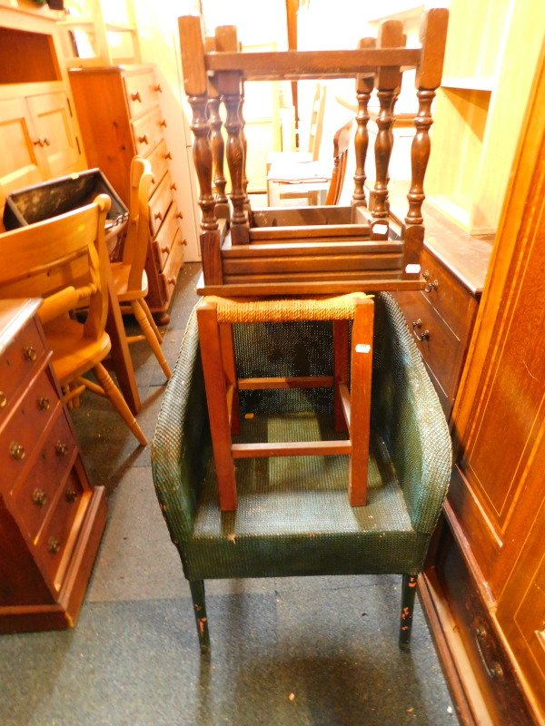 A green painted Lloyd Loom style nursing chair, oak and rope work stool, and a pair of Continental