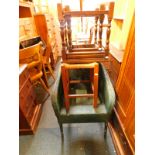 A green painted Lloyd Loom style nursing chair, oak and rope work stool, and a pair of Continental