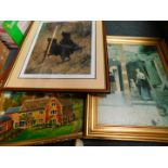 An oil painting of a country house, watercolour of a lake view and four prints. (6)