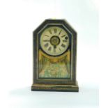 A Continental late 19thC ebonised pine mantel clock, the tin dial bearing Roman numerals, thirty