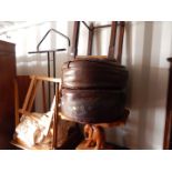 An Anglo Indian occasional table, raised on an elephant's foot, two brown leather pouffes, an oak