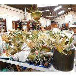 A six branch ceiling light, green and gilt painted with oak leaves, 61cm W.