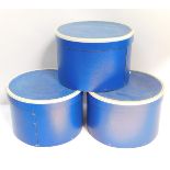 Three vintage blue lady's hat boxes with white trim, 31cm Dia.