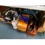 A sewing box, electric sewing machine, Russell Hobbs and other kettles, food equipment, battery