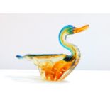 A Murano amber glass bowl modelled as a duck, edged in blue, 23cm W.