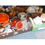 A Le Cruset twin handled casserole dish, drinking glasses, coffee cups, kitchenalia, etc. (3 boxes)
