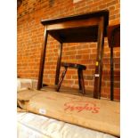 A Safari camp bed (boxed), oak occasional table, 69.5cm H, 55cm W, 41cm D., an oak milking stool,