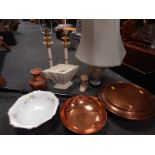 Ceramics, vintage child's case, John Lewis Microfibre Lite single duvet, Pyrex plates, glass, copper