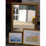 A modern wall mirror, with gold coloured frame, K Burton limited edition watercolour, 547/850, and