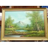 An oil on canvas painting of an alpine mountain landscape, 59.5cm x 90cm.