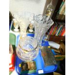 A cut glass rose bowl, Galileo thermometer, cut glass vase, further glassware and a silver plated