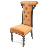 A 19thC prie dieu chair, with 'T' shaped overstuffed back and seat in (later) peach material, on