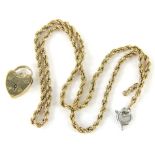 A 9ct gold rope twist necklace, 40cm long, and a 9ct gold heart shaped clasp, 7.5g all in (2).