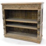 A late 19thC continental oak open bookcase, of rectangular form, with heavily carved frieze