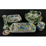 Various Masons Ironstone, a Chartreuse pattern footed bowl, 26cm wide, jug, candlestick, Masons