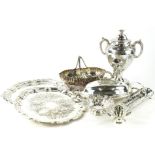 Various silver plated ware, two salvers, a samovar with front tap, 29cm high, partially chased