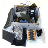 Various tools, equipment, bits, etc., telephones, sandpaper sheets, 24cm wide, etc., (a quantity).