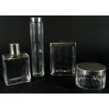A four piece dressing table jar set, comprising needle jar, 17cm high, perfume bottle, powder box