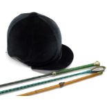 Various riding items, a Competitor riding hat, 18cm high with interior dimension 20cm x 15cm and