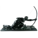 G Boni (20thC). Classical sculpture, figure drawing bow, in green, painted terracotta, signed,