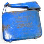 A vintage Eversure Fillacan petrol can in blue, 33cm high, 32cm wide, 9cm deep.